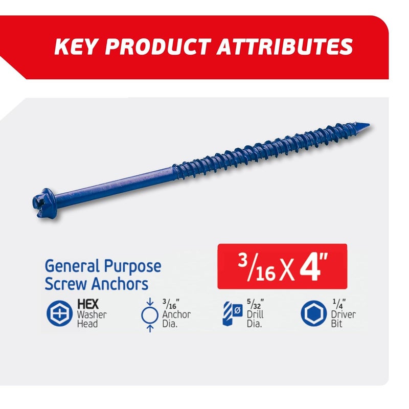 FixMaster 3/16 x 4 Hex Head Blue Concrete Screw Anchors (100 pcs Screw Kit) with one Screwdriver and Drill Bit for Concrete, Masonry, Block, Brick and Wood Fastening - Image 2